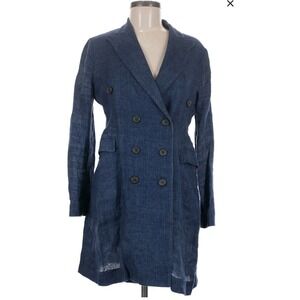 Davide Cenci Italy Womens Blue Linen Double Breasted Long Trench Coat Jacket 8